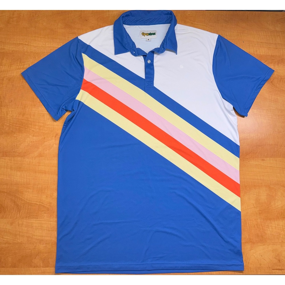 Tipsy Elves Mens XL Retro Diagonal Stripe Performance Golf Polo Shirt Blue White